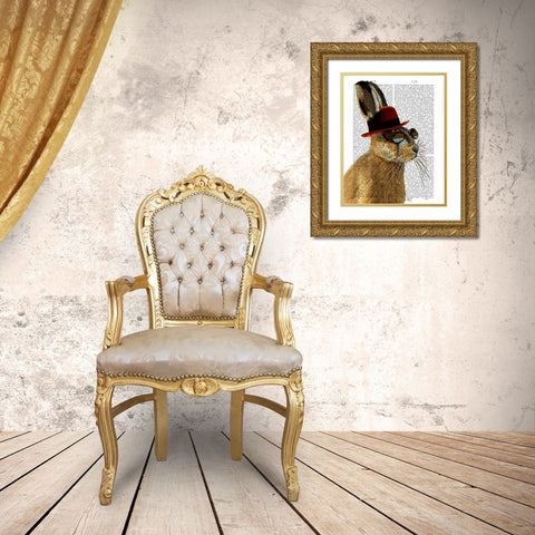 Steampunk Hare with Bowler Hat Gold Ornate Wood Framed Art Print with Double Matting by Fab Funky