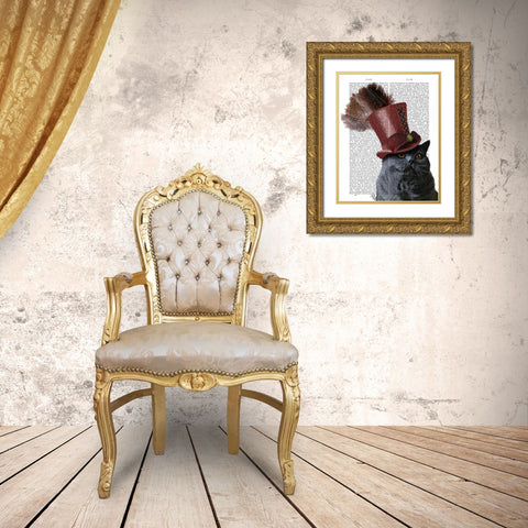 Grey Cat With Steampunk Top Hat Gold Ornate Wood Framed Art Print with Double Matting by Fab Funky