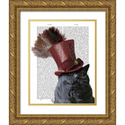 Grey Cat With Steampunk Top Hat Gold Ornate Wood Framed Art Print with Double Matting by Fab Funky