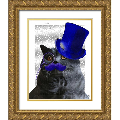 Grey Cat With Blue Top Hat and Blue Moustache Gold Ornate Wood Framed Art Print with Double Matting by Fab Funky