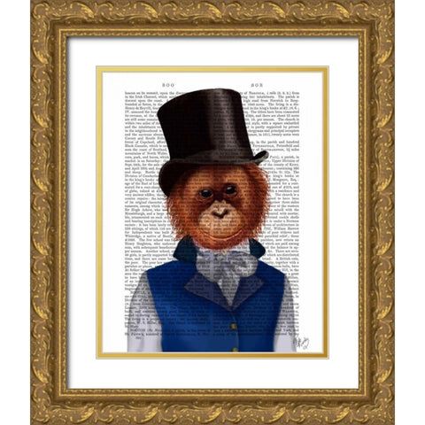 Orangutan in Top Hat Gold Ornate Wood Framed Art Print with Double Matting by Fab Funky