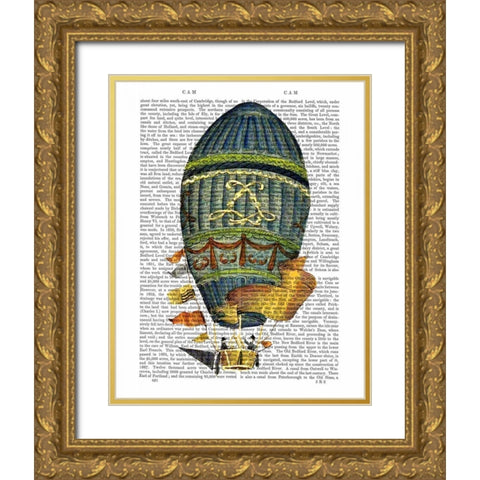 Blue Cylindrical Hot Air Balloon Gold Ornate Wood Framed Art Print with Double Matting by Fab Funky