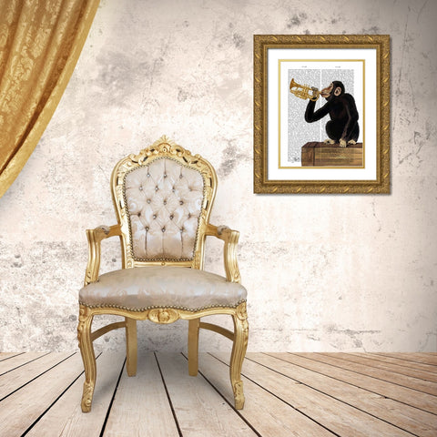 Monkey Playing Trumpet Gold Ornate Wood Framed Art Print with Double Matting by Fab Funky