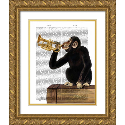 Monkey Playing Trumpet Gold Ornate Wood Framed Art Print with Double Matting by Fab Funky