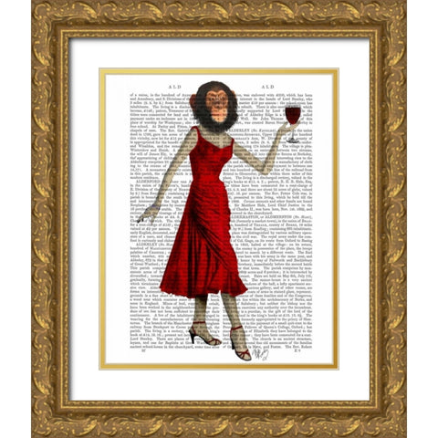 Chimp With Wine Gold Ornate Wood Framed Art Print with Double Matting by Fab Funky