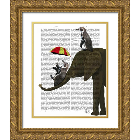 Elephant and Penguin Gold Ornate Wood Framed Art Print with Double Matting by Fab Funky