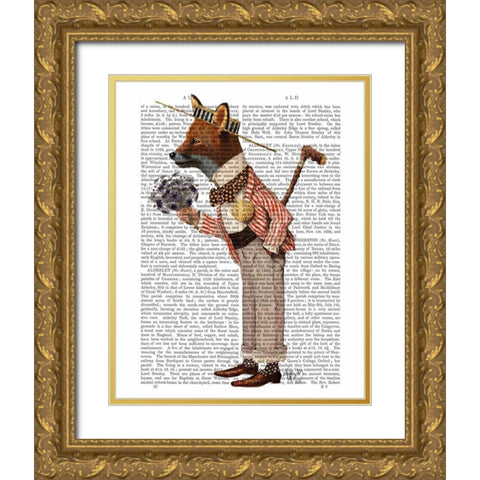 Fox in Boater Gold Ornate Wood Framed Art Print with Double Matting by Fab Funky