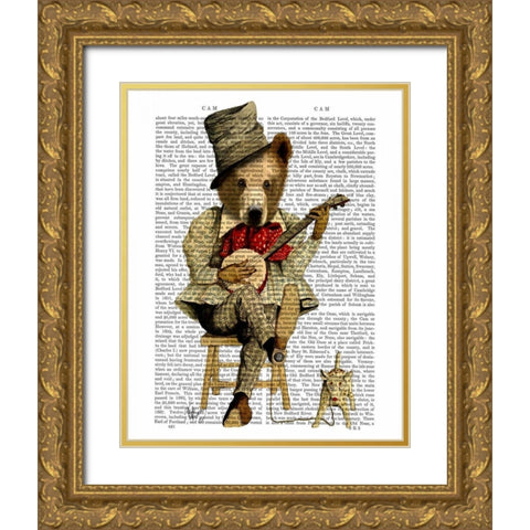 Banjo Bear Gold Ornate Wood Framed Art Print with Double Matting by Fab Funky