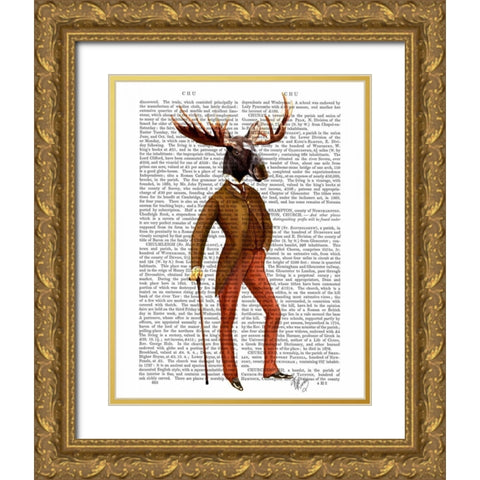 Moose In Suit Full Gold Ornate Wood Framed Art Print with Double Matting by Fab Funky