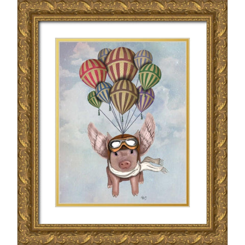 Pig And Balloons Gold Ornate Wood Framed Art Print with Double Matting by Fab Funky