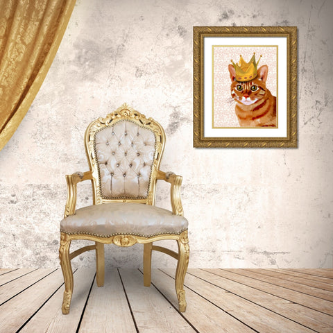 Ginger Cat with Crown Portrait Gold Ornate Wood Framed Art Print with Double Matting by Fab Funky
