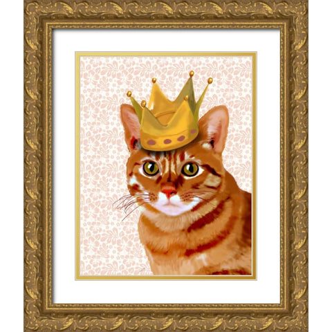 Ginger Cat with Crown Portrait Gold Ornate Wood Framed Art Print with Double Matting by Fab Funky
