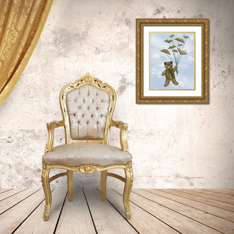 Bear with Book Butterflies Gold Ornate Wood Framed Art Print with Double Matting by Fab Funky