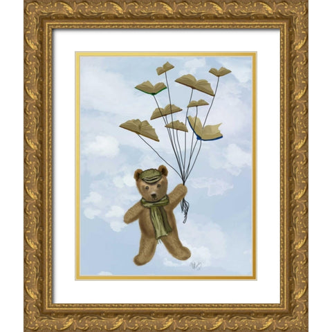 Bear with Book Butterflies Gold Ornate Wood Framed Art Print with Double Matting by Fab Funky