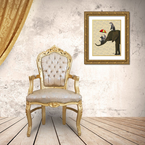 Elephant and Penguins Gold Ornate Wood Framed Art Print with Double Matting by Fab Funky
