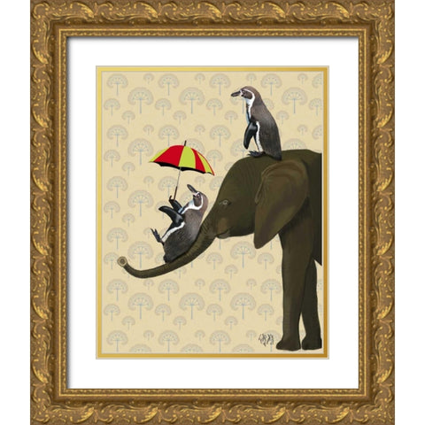 Elephant and Penguins Gold Ornate Wood Framed Art Print with Double Matting by Fab Funky
