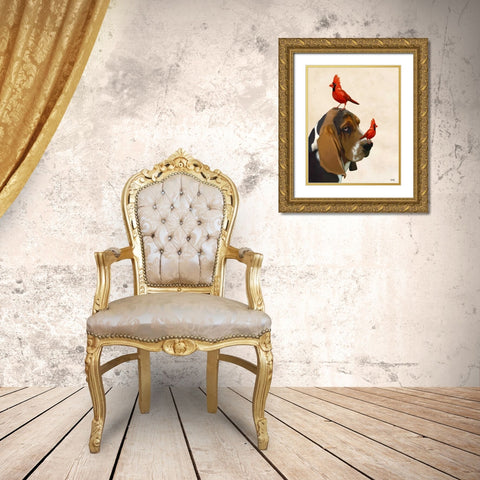 Basset Hound and Birds Gold Ornate Wood Framed Art Print with Double Matting by Fab Funky