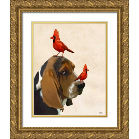Basset Hound and Birds Gold Ornate Wood Framed Art Print with Double Matting by Fab Funky
