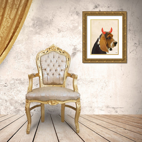 Little Devil Basset Hound Gold Ornate Wood Framed Art Print with Double Matting by Fab Funky