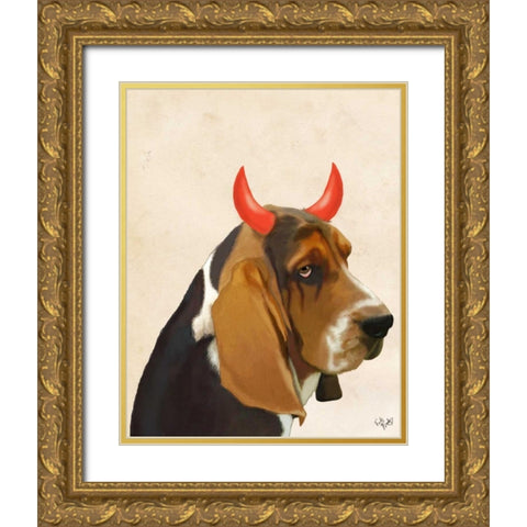 Little Devil Basset Hound Gold Ornate Wood Framed Art Print with Double Matting by Fab Funky