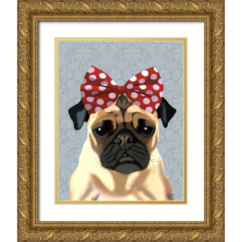 Pug with Red Spotty Bow On Head Gold Ornate Wood Framed Art Print with Double Matting by Fab Funky