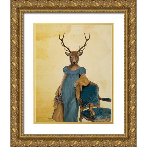 Deer In Blue Dress Gold Ornate Wood Framed Art Print with Double Matting by Fab Funky
