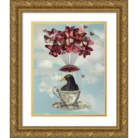Blackbird In Teacup Gold Ornate Wood Framed Art Print with Double Matting by Fab Funky