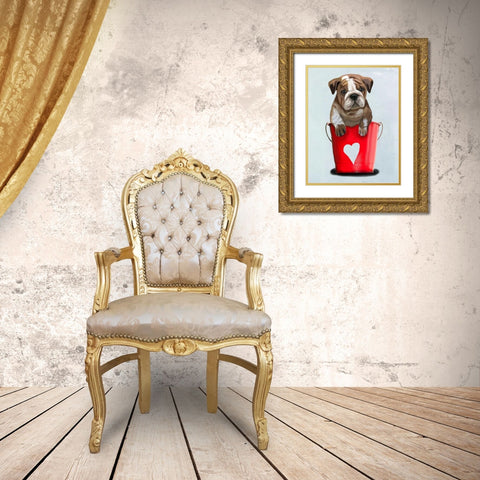 Bulldog Bucket Of Love Red Gold Ornate Wood Framed Art Print with Double Matting by Fab Funky