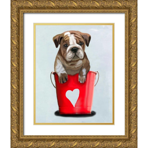Bulldog Bucket Of Love Red Gold Ornate Wood Framed Art Print with Double Matting by Fab Funky