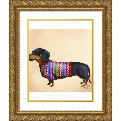 Dachshund With Woolly Sweater Gold Ornate Wood Framed Art Print with Double Matting by Fab Funky