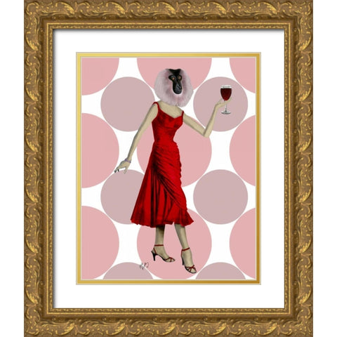 Monkey in Red Dress with wine Gold Ornate Wood Framed Art Print with Double Matting by Fab Funky
