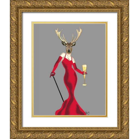 Glamour Deer in Red Gold Ornate Wood Framed Art Print with Double Matting by Fab Funky