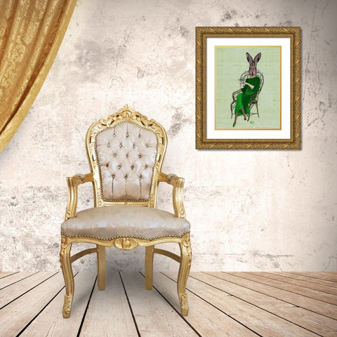 Lady Bella Rabbit Taking Tea Gold Ornate Wood Framed Art Print with Double Matting by Fab Funky