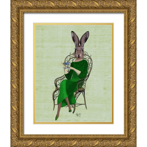 Lady Bella Rabbit Taking Tea Gold Ornate Wood Framed Art Print with Double Matting by Fab Funky