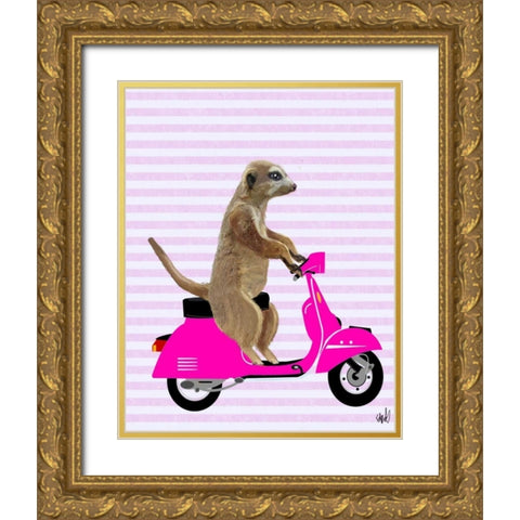 Meerkat on Pink Moped Gold Ornate Wood Framed Art Print with Double Matting by Fab Funky