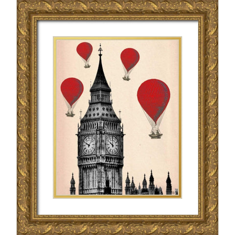 Big Ben and Red Hot Air Balloons Gold Ornate Wood Framed Art Print with Double Matting by Fab Funky