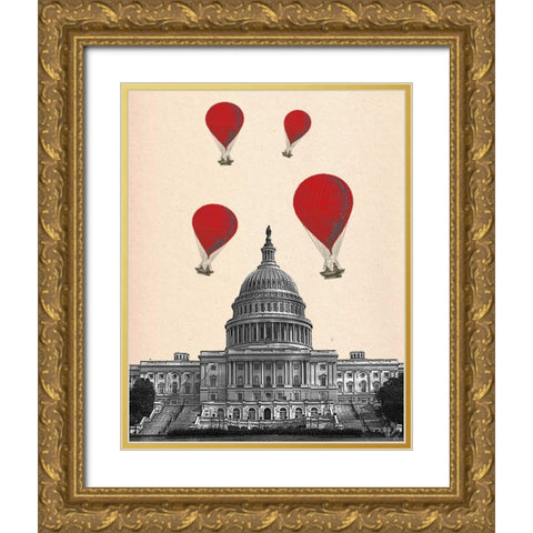 US Capitol Building and Red Hot Air Balloons Gold Ornate Wood Framed Art Print with Double Matting by Fab Funky