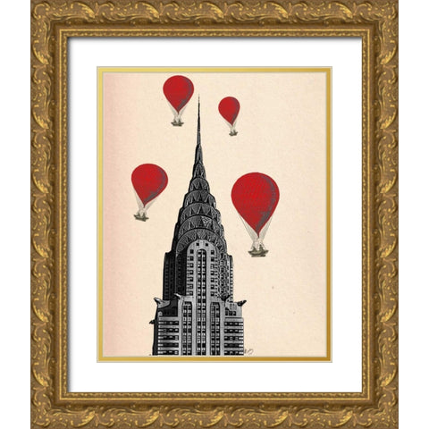 Chrysler Building and Red Hot Air Balloons Gold Ornate Wood Framed Art Print with Double Matting by Fab Funky