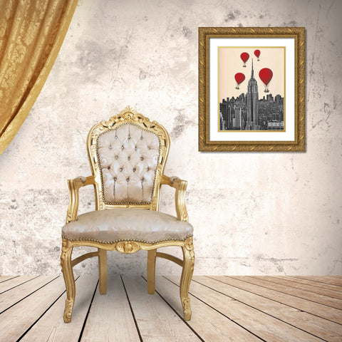Empire State Building and Red Hot Air Balloons Gold Ornate Wood Framed Art Print with Double Matting by Fab Funky