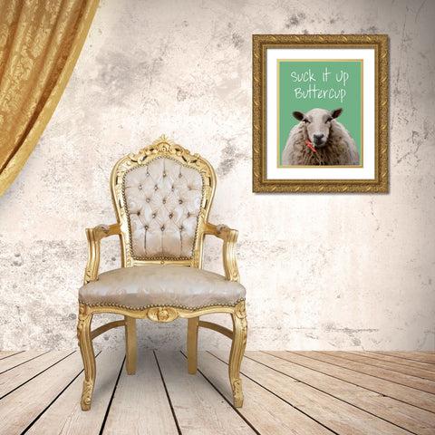 Suck It Up Buttercup Sheep Print Gold Ornate Wood Framed Art Print with Double Matting by Fab Funky