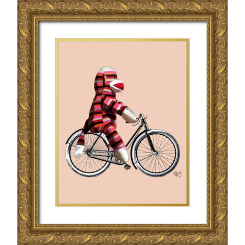 Sock Monkey on Bicycle Gold Ornate Wood Framed Art Print with Double Matting by Fab Funky
