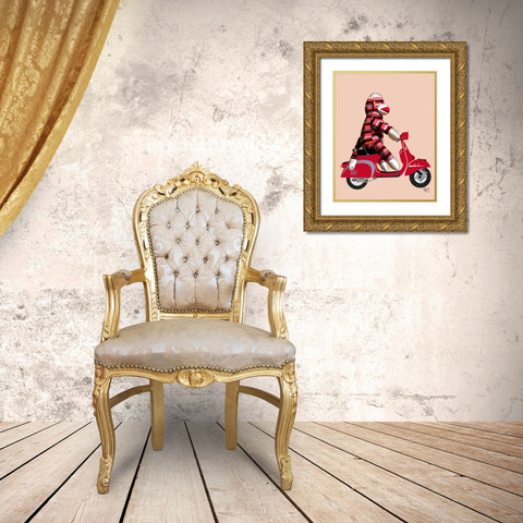Sock Monkey on Red Moped Gold Ornate Wood Framed Art Print with Double Matting by Fab Funky