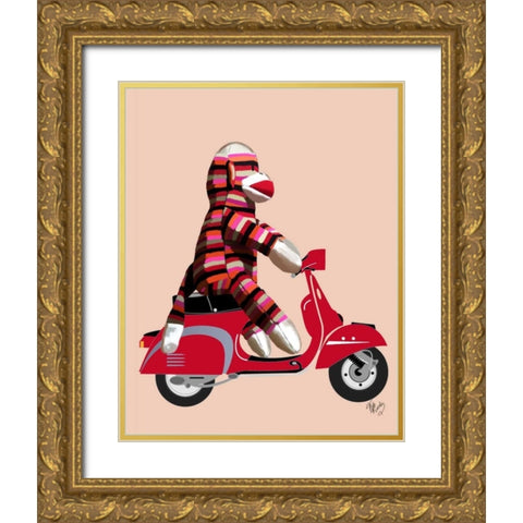 Sock Monkey on Red Moped Gold Ornate Wood Framed Art Print with Double Matting by Fab Funky