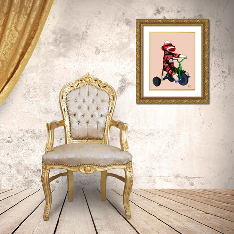 Sock Monkey Tricycle Gold Ornate Wood Framed Art Print with Double Matting by Fab Funky