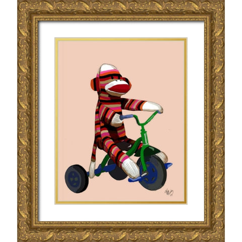 Sock Monkey Tricycle Gold Ornate Wood Framed Art Print with Double Matting by Fab Funky