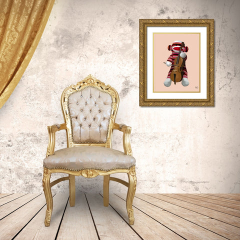 Sock Monkey and Cello Gold Ornate Wood Framed Art Print with Double Matting by Fab Funky