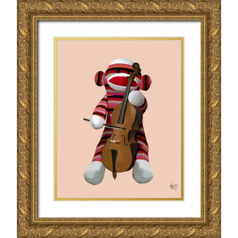 Sock Monkey and Cello Gold Ornate Wood Framed Art Print with Double Matting by Fab Funky