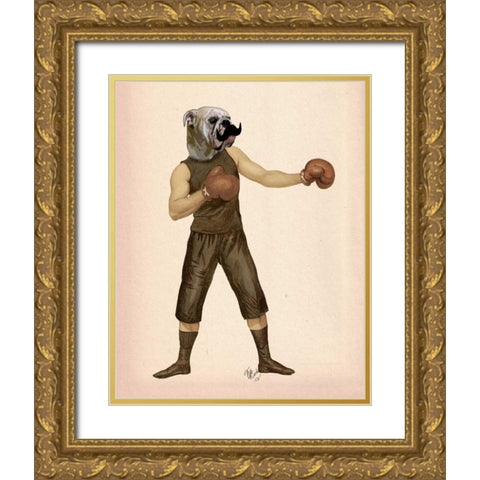 Boxing Bulldog Full Gold Ornate Wood Framed Art Print with Double Matting by Fab Funky