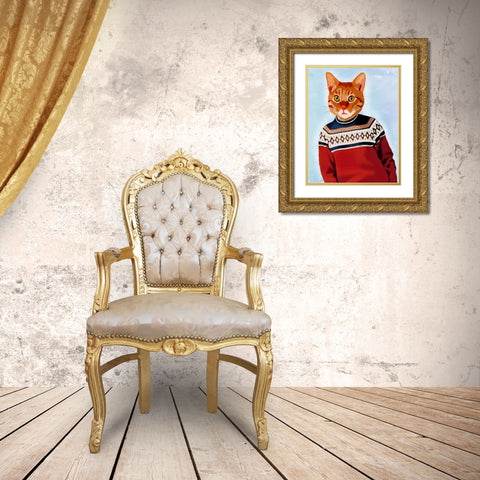 Cat in Ski Sweater Gold Ornate Wood Framed Art Print with Double Matting by Fab Funky