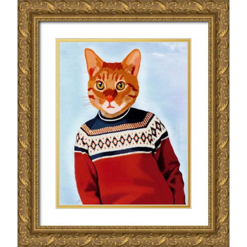 Cat in Ski Sweater Gold Ornate Wood Framed Art Print with Double Matting by Fab Funky